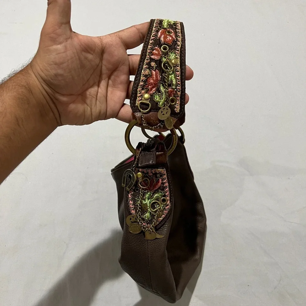 Y2K Betsey Johnson Womens Brown Studded Boho Floral Charm Leather Hobo Handbag